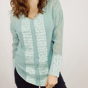 Sundance‎ Teal Raw Silk Sheer Embroidered Top